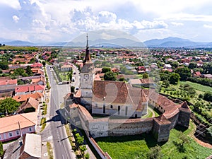 Aerial view of Sanpetru Fortified Church in Transylvania Romania