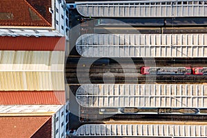 Aerial view of Santa Apolonia train station, view of the railways from top with building on site, Lisbon, Portugal