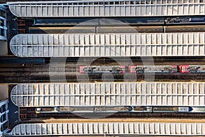 Aerial view of Santa Apolonia train station, view of the railways from top with building on site, Lisbon, Portugal