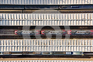 Aerial view of Santa Apolonia train station, view of the railways from top with building on site, Lisbon, Portugal