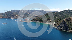 Aerial view of Santa Catalina Island with Avalon and Descanso calm bay. USA