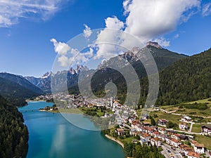 Aerial view of Santa Caterina lake and Auronzo di Cadore comune, Dolomites