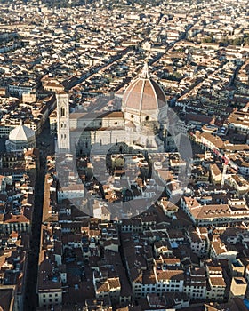 Aerial view of Santa Maria del Fiore cathedral in Florence downtown, Tuscany, Italy
