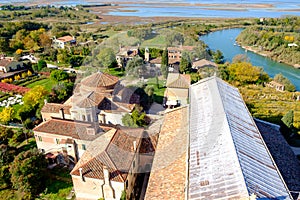 Aerial view of Santa Maria di Assunta cathedral on Torcello island