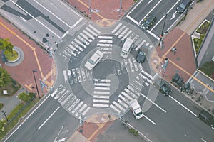 Aerial view from Sapporo TV Tower of street road and intersection in Sapporo City nearly Odori Park.