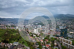 Aerial view of Sarajevo during a cloudy and rainly day of spring