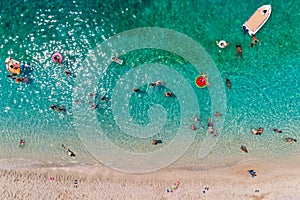 Aerial view of Sarakiniko Beach with turquoise sea in Parga area, Ionian sea, Epirus, Greece