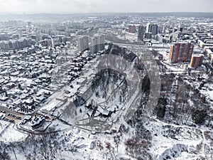 Aerial view Sarzhyn Yar Kharkiv city snowy winter