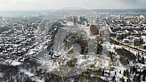 Aerial view Sarzhyn Yar Kharkiv city snowy winter