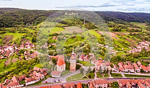 Aerial view of Saschiz Fortified Church, Mures county, Romania