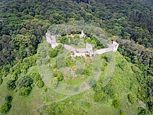 Aerial view of Saschiz fortress in Saschiz Saxon Village, Transylvania