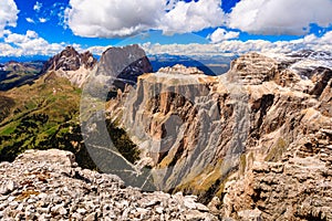 Aerial view of Sass Pordoi Mountain in Dolomites, Italy