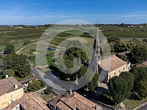 Aerial view on Sauternes village and vineyards, making of sweet dessert Sauternes wines from Semillon grapes affected by Botrytis