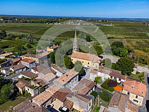 Aerial view on Sauternes village and vineyards, making of sweet dessert Sauternes wines from Semillon grapes affected by Botrytis