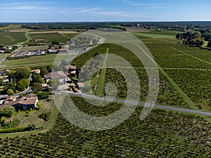 Aerial view on Sauternes village and vineyards, making of sweet dessert Sauternes wines from Semillon grapes affected by Botrytis