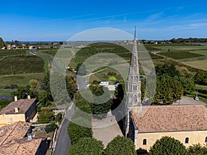 Aerial view on Sauternes village and vineyards, making of sweet dessert Sauternes wines from Semillon grapes affected by Botrytis