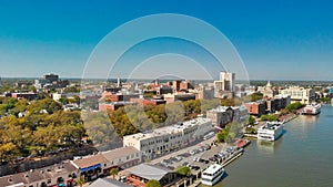 Aerial view of Savannah skyline and river from drone - Georgia - USA