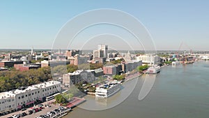 Aerial view of Savannah skyline and river from drone - Georgia - USA