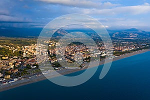 Aerial view of Scalea city and sea beach at sunset, province of Cosenza, Calabria region