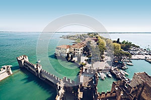 Aerial view of Scaliger Castle in Sirmione. Garda Lake - Italy .