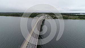Aerial view of Scandinavian landscape and bridge. Sweden, Oland region. Typical swedish weather.