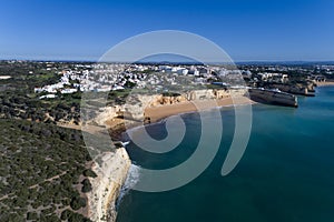 Aerial view of the scenic Algarve coastline, with beaches and resorts