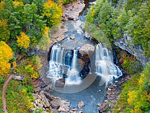 Aerial view of the scenic Blackwater Falls in West Virginia surrounded by fall foliage