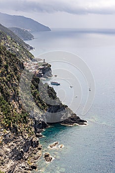 Aerial view of scenic coast line between Vernazza and Monterroso villages from the Cinque Terre hiking trail,, Italy