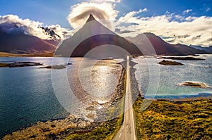 Aerial view of a scenic coastal road on Lofoten islands in Norway