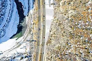 Aerial view scenic Highway 70 top to bottom during winter in Glenwood  Springs, Colorado photo