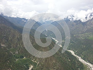 Aerial view of Scenic Himalayan mountains in India .