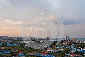 Aerial view scenic landscape of the city with storm cloud rain will coming