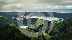 Aerial view on scenic landscape of volcanic lake Sete Cidades.