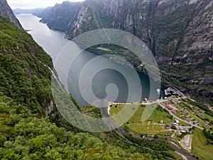 Aerial view of the scenic mountain shores of Lystrefjord, Rogaland in Norway