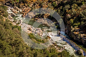 Picturesque mountain river valley and rocks in the Kings Canyon Nature Reserve, California, aerial view