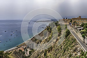 Aerial view of the scenic waterfront of Taormina, Sicily, Italy