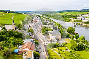 Aerial view of Schengen town over River Moselle, Luxembourg, where Schengen Agreement signed. Tripoint of borders, Germany, France photo