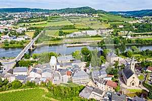 Aerial view of Schengen town over River Moselle, Luxembourg, where Schengen Agreement signed. Tripoint of borders, Germany, France photo