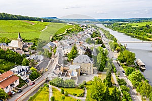 Aerial view of Schengen town over River Moselle, Luxembourg, where Schengen Agreement signed. Tripoint of borders, Germany, France photo