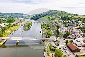 Aerial view of Schengen town over River Moselle, Luxembourg, where Schengen Agreement signed. Tripoint of borders, Germany, France