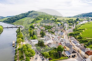 Aerial view of Schengen town over River Moselle, Luxembourg, where Schengen Agreement signed. Tripoint of borders, Germany, France