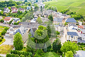 Aerial view of Schengen town over River Moselle, Luxembourg, where Schengen Agreement signed. Tripoint of borders, Germany, France