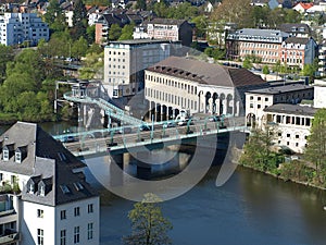 Aerial view of the Schlossbruecke` in the middle of Muelheim, leading over the river Ruhr`