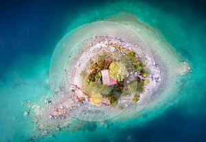 Aerial View of the Schonbichl Island at Eibsee Lake. Grainau, Werdenfelser Land, Upper Bavaria, Germany