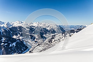 Aerial view of Schruns in the Alps valley Montafon located at river Litz  in Vorarlberg, Austria, winter landscape