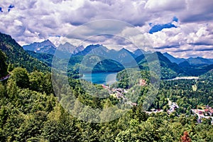 Aerial view of Schwangau, Germany under dark brooding sky