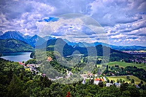 Aerial view of Schwangau, Germany under dark brooding sky