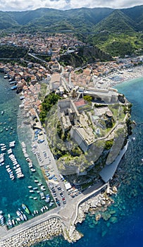 Aerial view of Scilla, Reggio Calabria, Calabria. Ruffo Castle and lighthouse. Tyrrhenian Sea. Italy