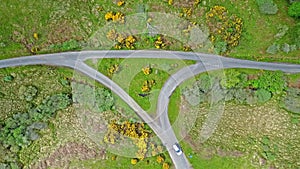 Aerial view of the scottish highlands with single track road and turnout junction