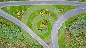 Aerial view of the scottish highlands with single track road and turnout junction